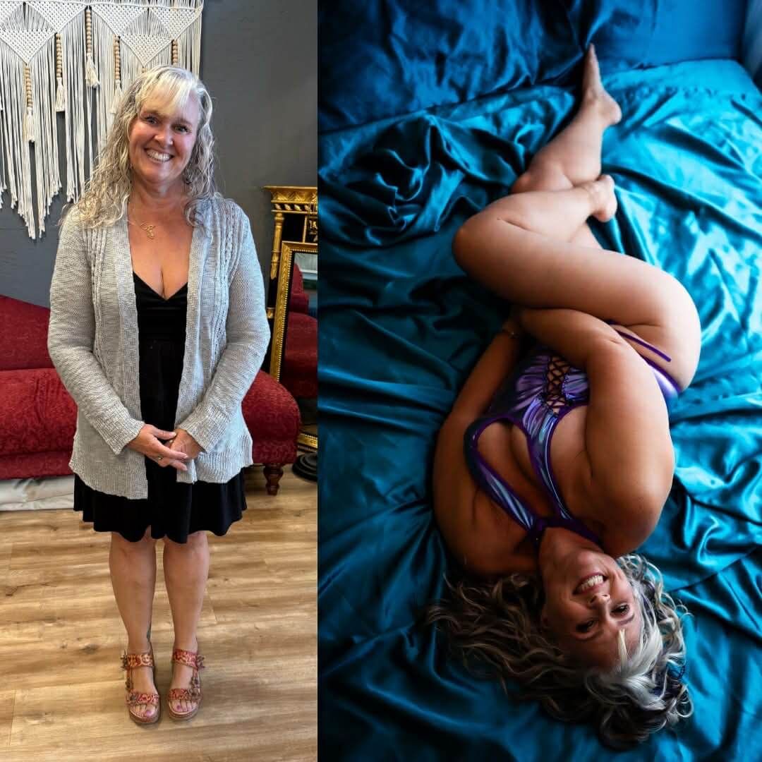 A collection of lifestyle portraits featuring various poses against blue bedding and wooden floors.