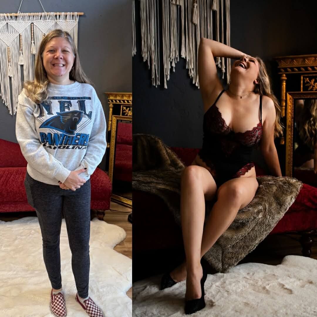 A series of casual fashion photos showing different outfits and poses on a light carpet.
