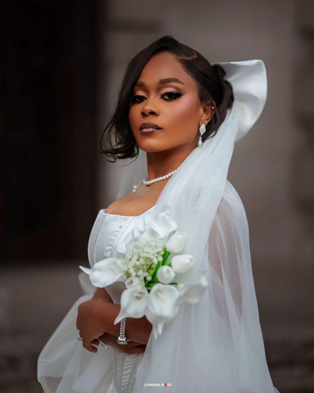 Bride in white wedding gown with flowing veil poses elegantly for bridal portraits.