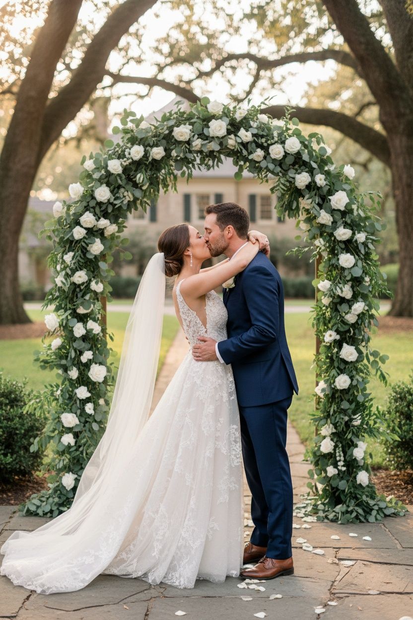 A romantic wedding couple shares a kiss under an elegant floral arch decorated with white roses and greenery.