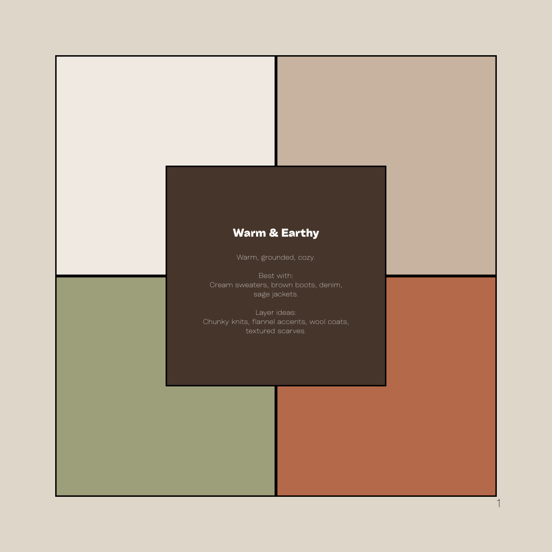 Abstract geometric shapes in brown, beige, orange and sage green form a minimalist composition on a light background.