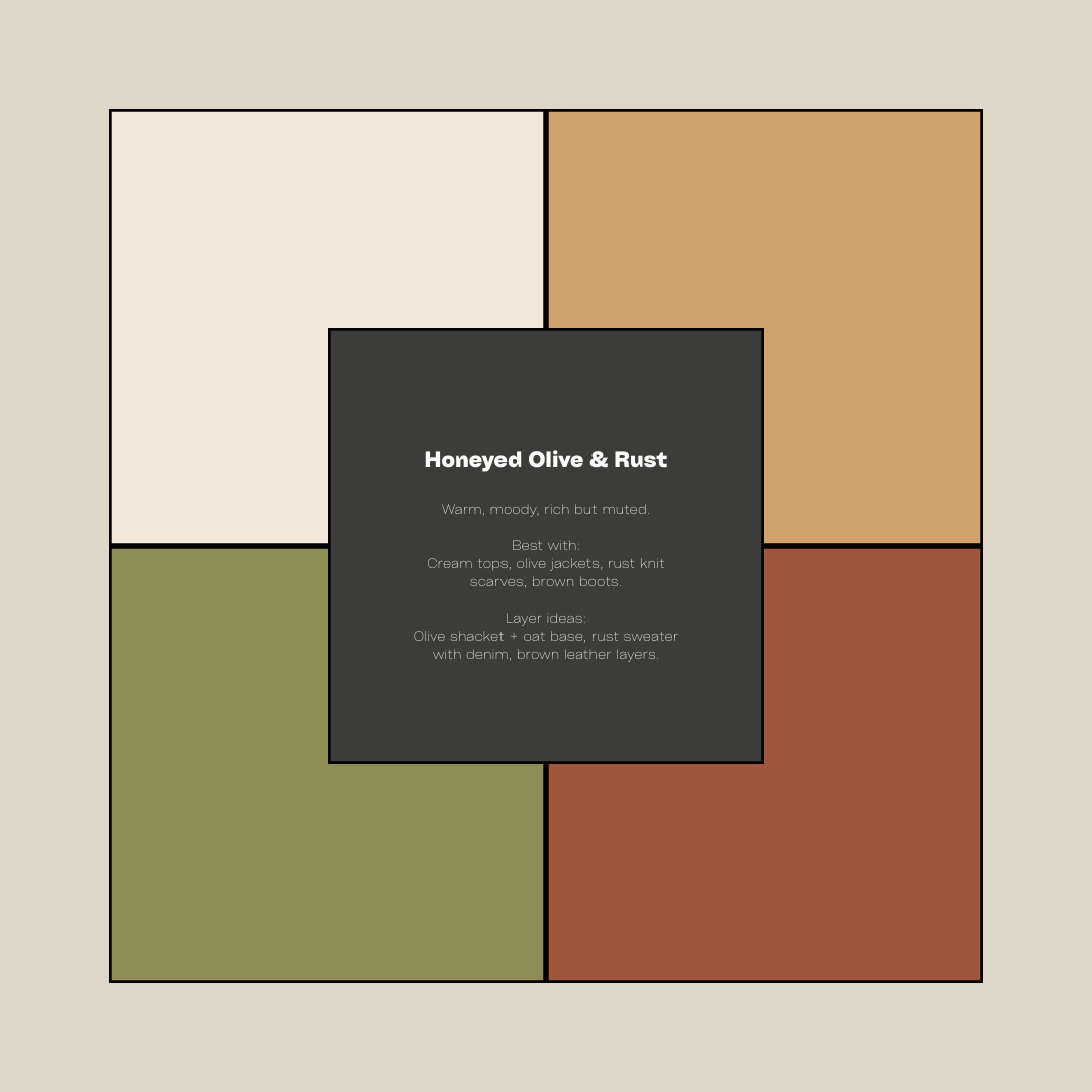 Minimalist graphic design layout showing rectangular blocks in muted earth tones with black text overlay.