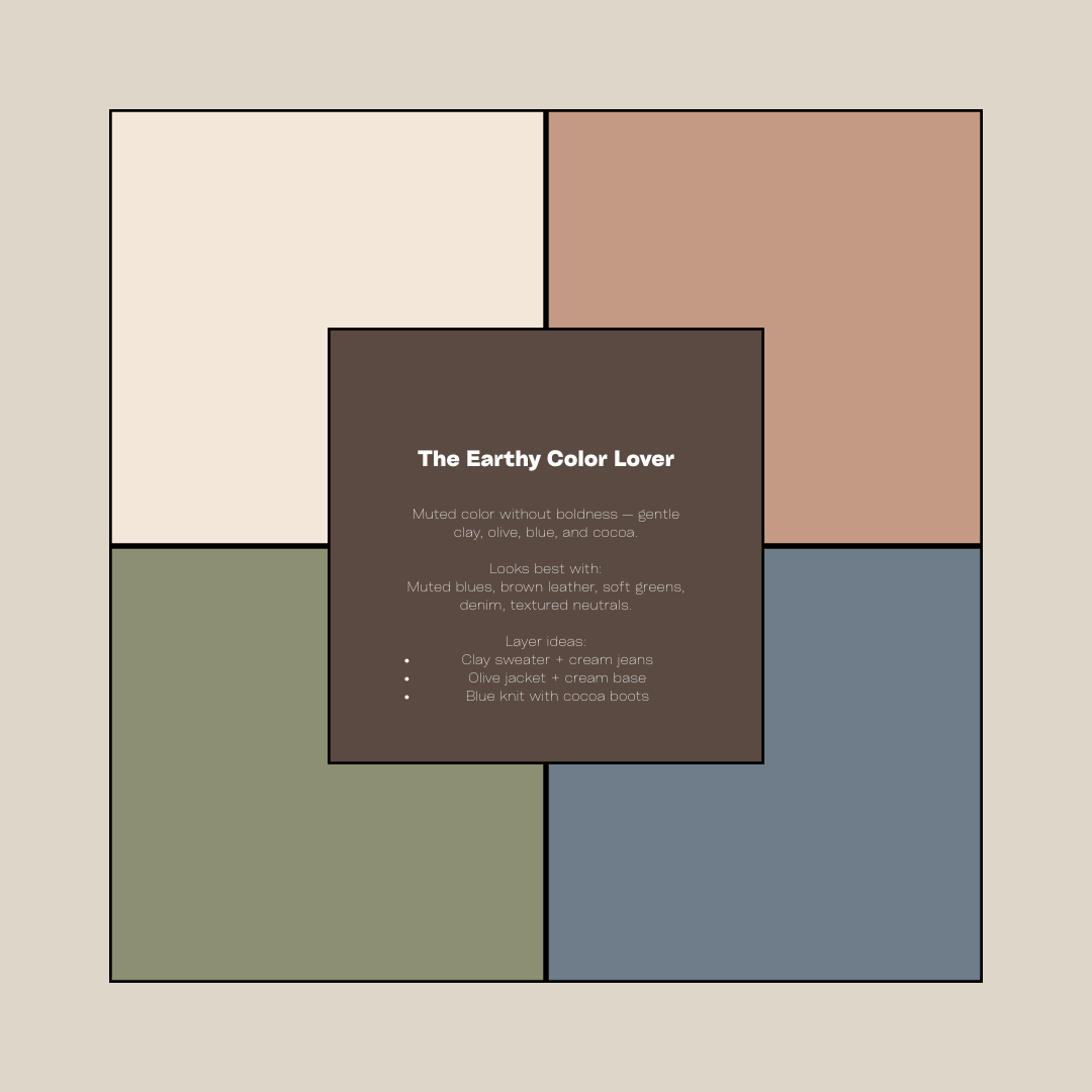 Abstract geometric shapes in earthy tones of brown, green, and blue arranged in a minimalist rectangular composition.