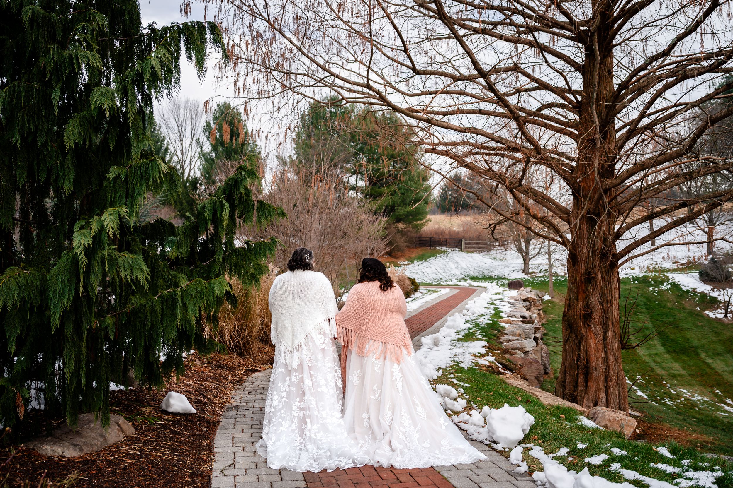 Winter wedding photo session with snow-covered trees and white dresses in natural setting.