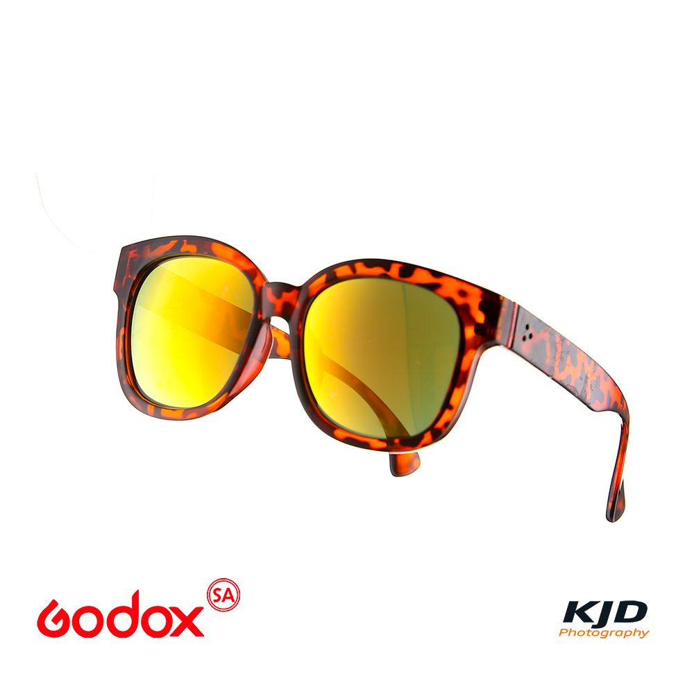 Tortoise shell sunglasses with orange mirrored lenses and Godox KJD branding displayed on white background.