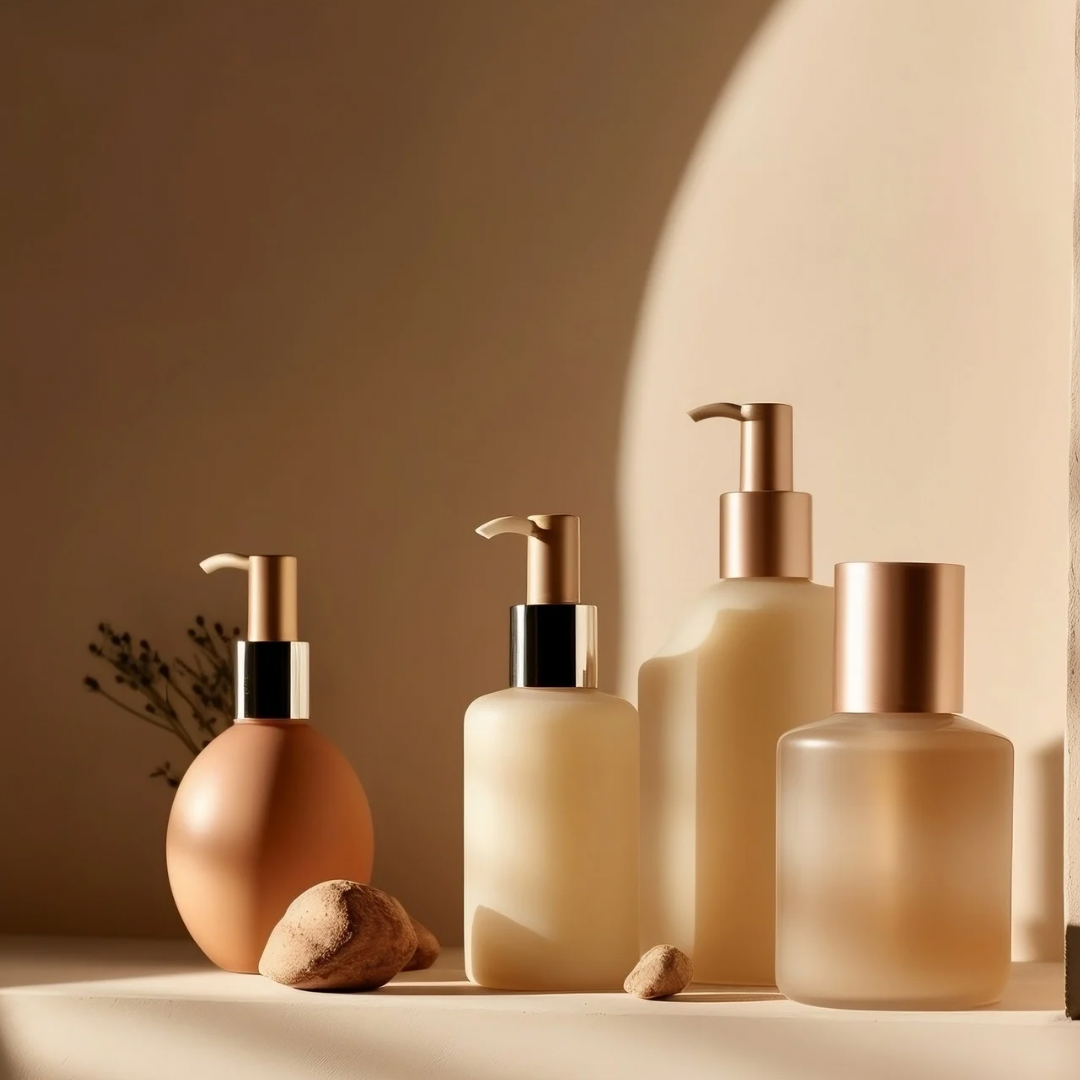 Minimalist beige cosmetic bottles and containers arranged in a row against a neutral background.