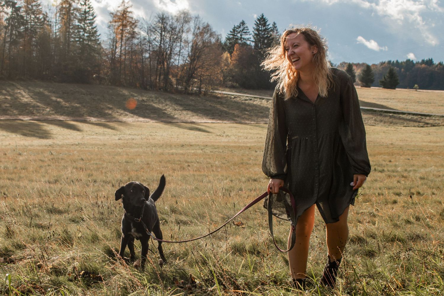 Figure in dark dress walking with black dog across sunny autumn field.