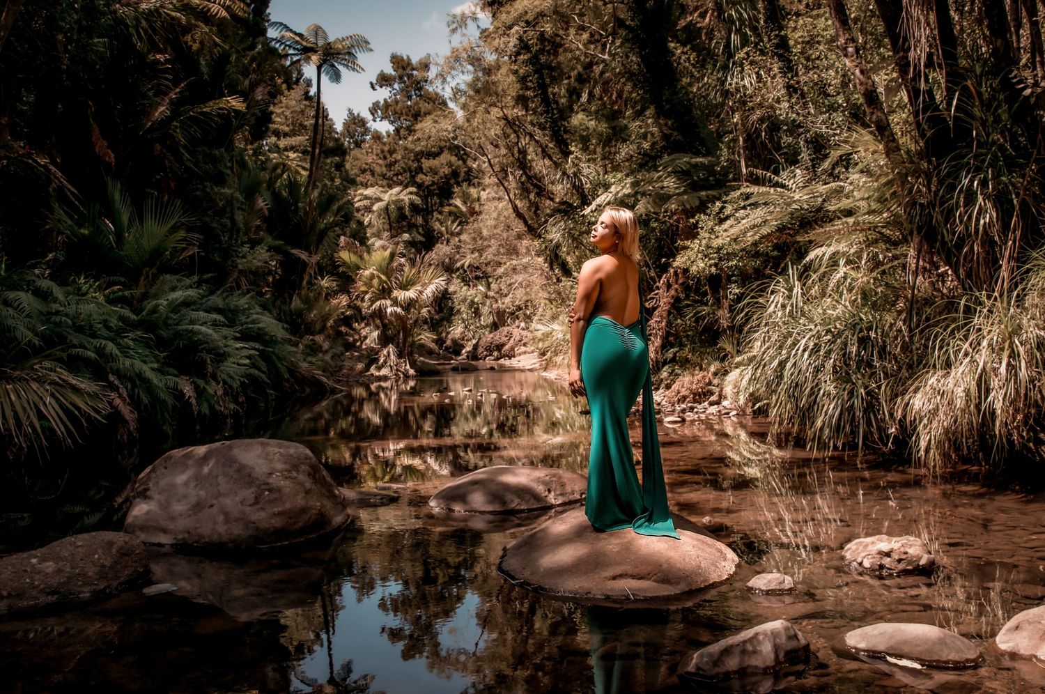 Glamour photoshoot in a river, Cascade Kauri Park, Waitakere New Zealand