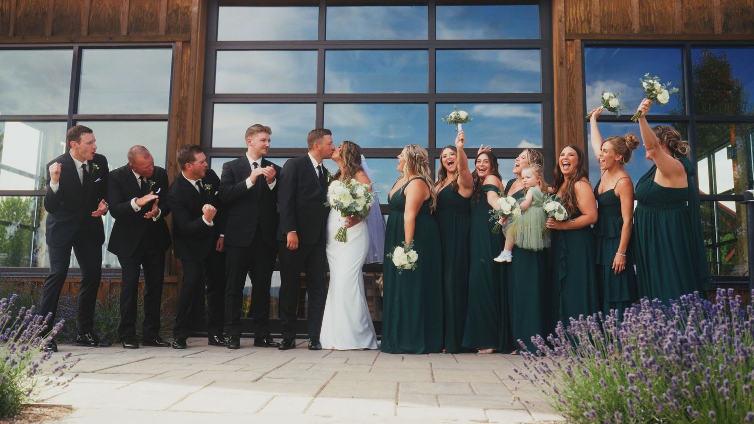 A panoramic collage of wedding party photos showing guests and celebrations against outdoor and indoor backgrounds.