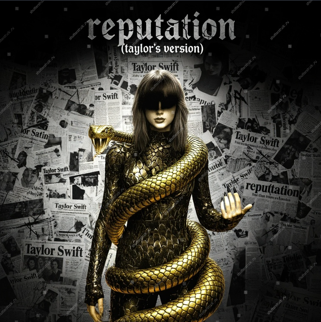 Reputation (Taylor's Version) album art: Swift in a golden snake-skin suit, wrapped in a large golden snake, against a newspaper background