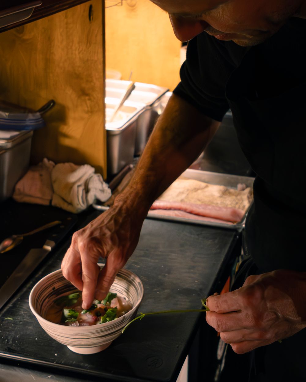 Close-up of hands plating food in a professional kitchen with dramatic lighting.