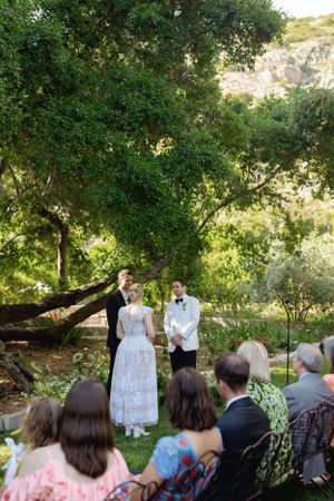 An outdoor wedding ceremony under a large tree with guests seated on chairs.