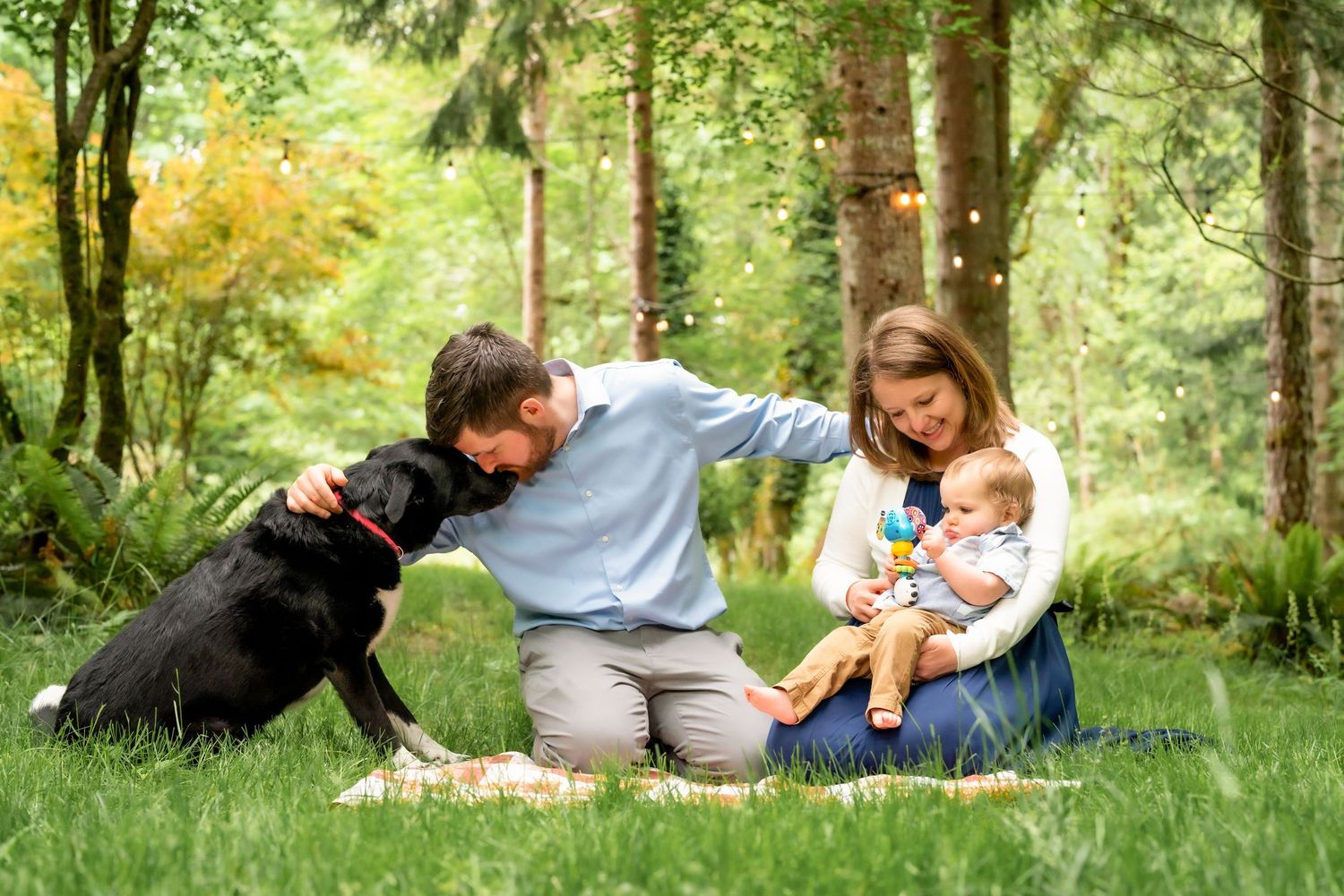 A family enjoys a playful moment together while relaxing on green grass in a sunlit forest setting.