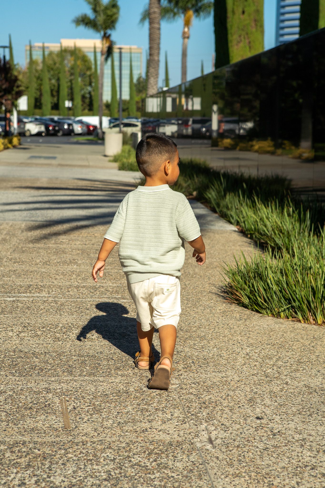 A toddler in light colored clothing walks along a gravel path bordered by grass and palm trees on a sunny day.