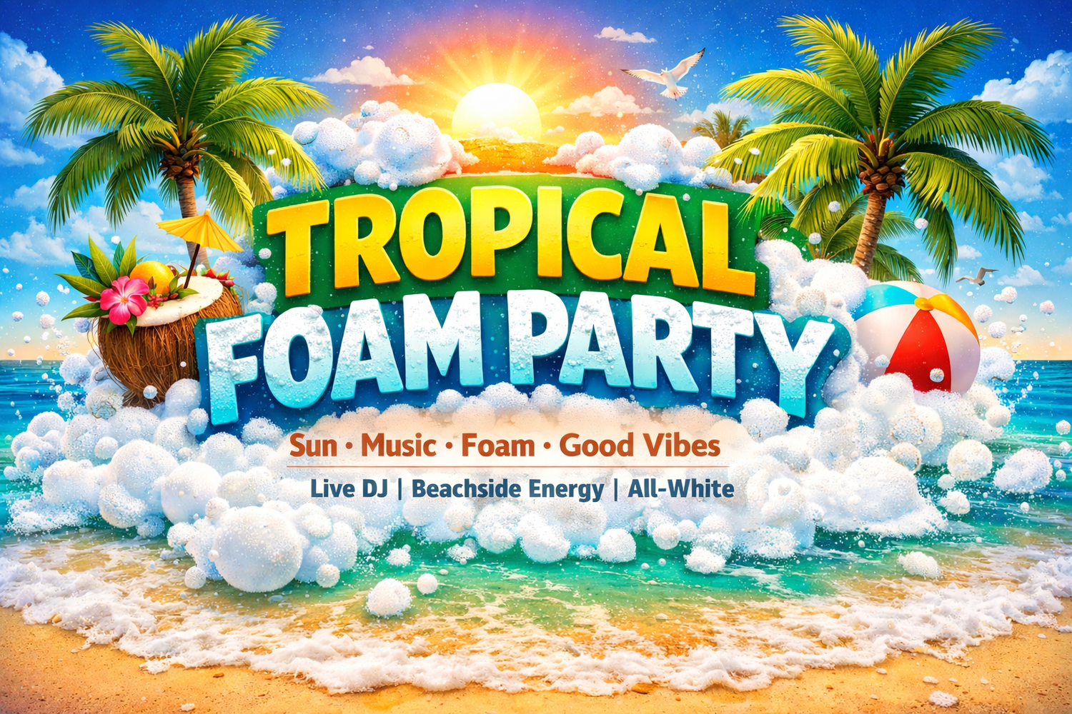 Tropical beach scene with palm trees, ocean waves and vibrant sunset creating a summer party atmosphere.