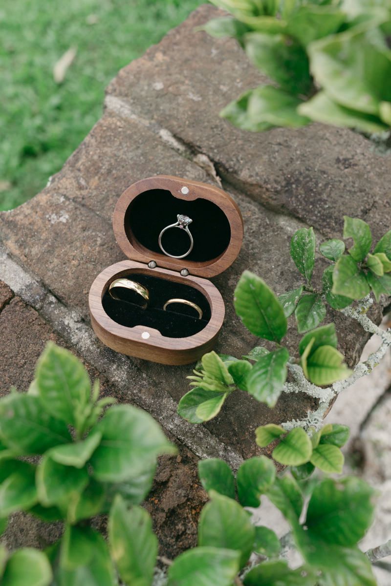 Wooden ring box containing wedding bands nestled among green foliage on stone surface.