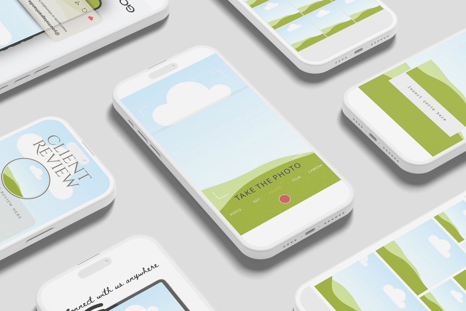 Multiple smartphones displaying green and white app interface mockups arranged on a light gray background.