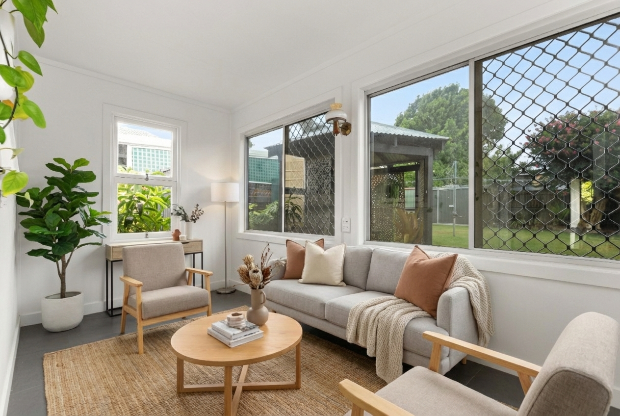 Bright sunroom with neutral sofa, timber coffee table, armchairs, and large windows overlooking a garden.