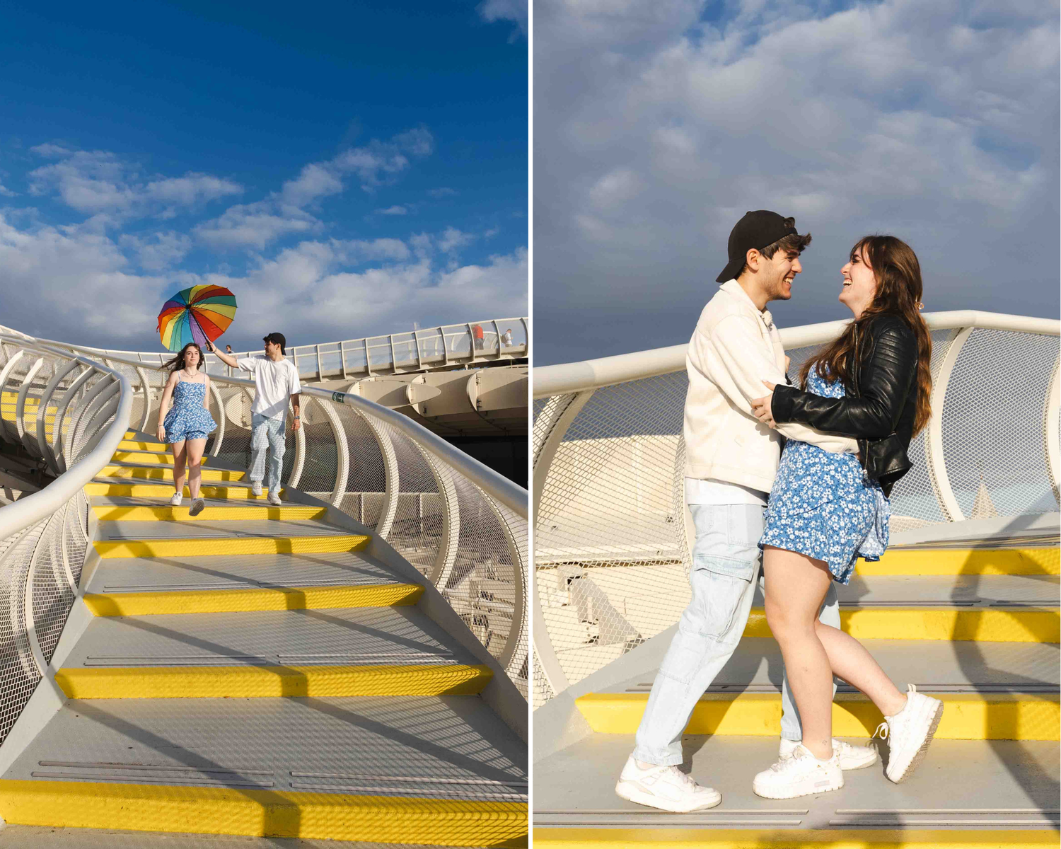A couple sits and interacts playfully on a modern architectural structure with yellow stripes and curved white walls.