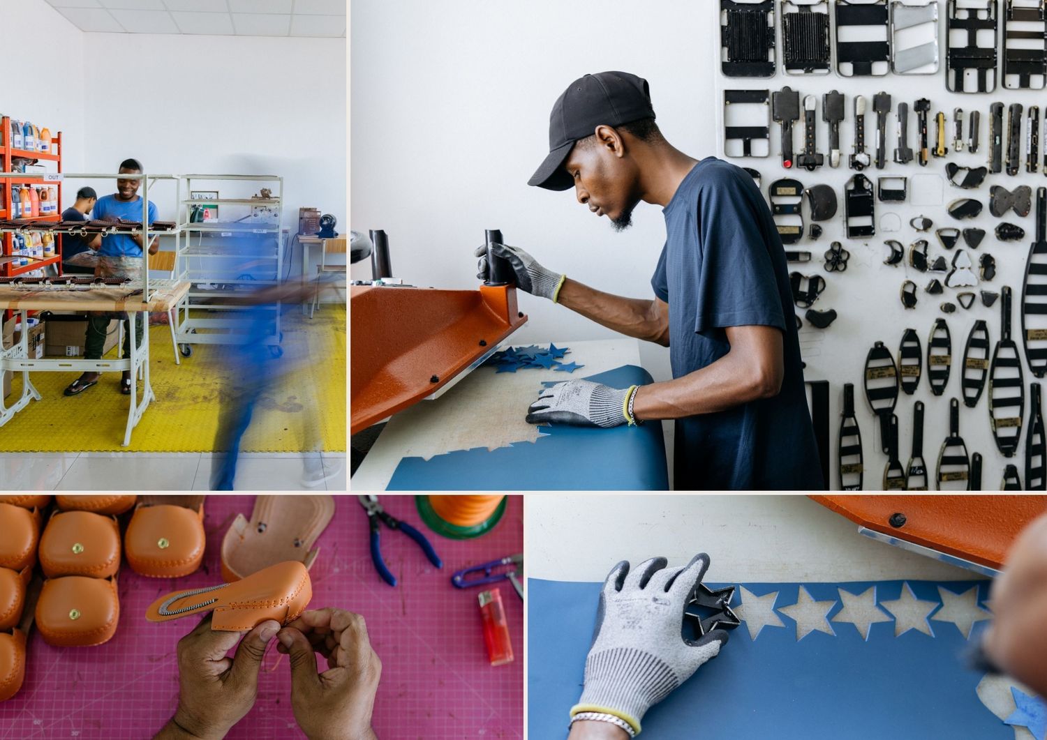 Workspace scenes showing various tools and equipment on colorful mats.