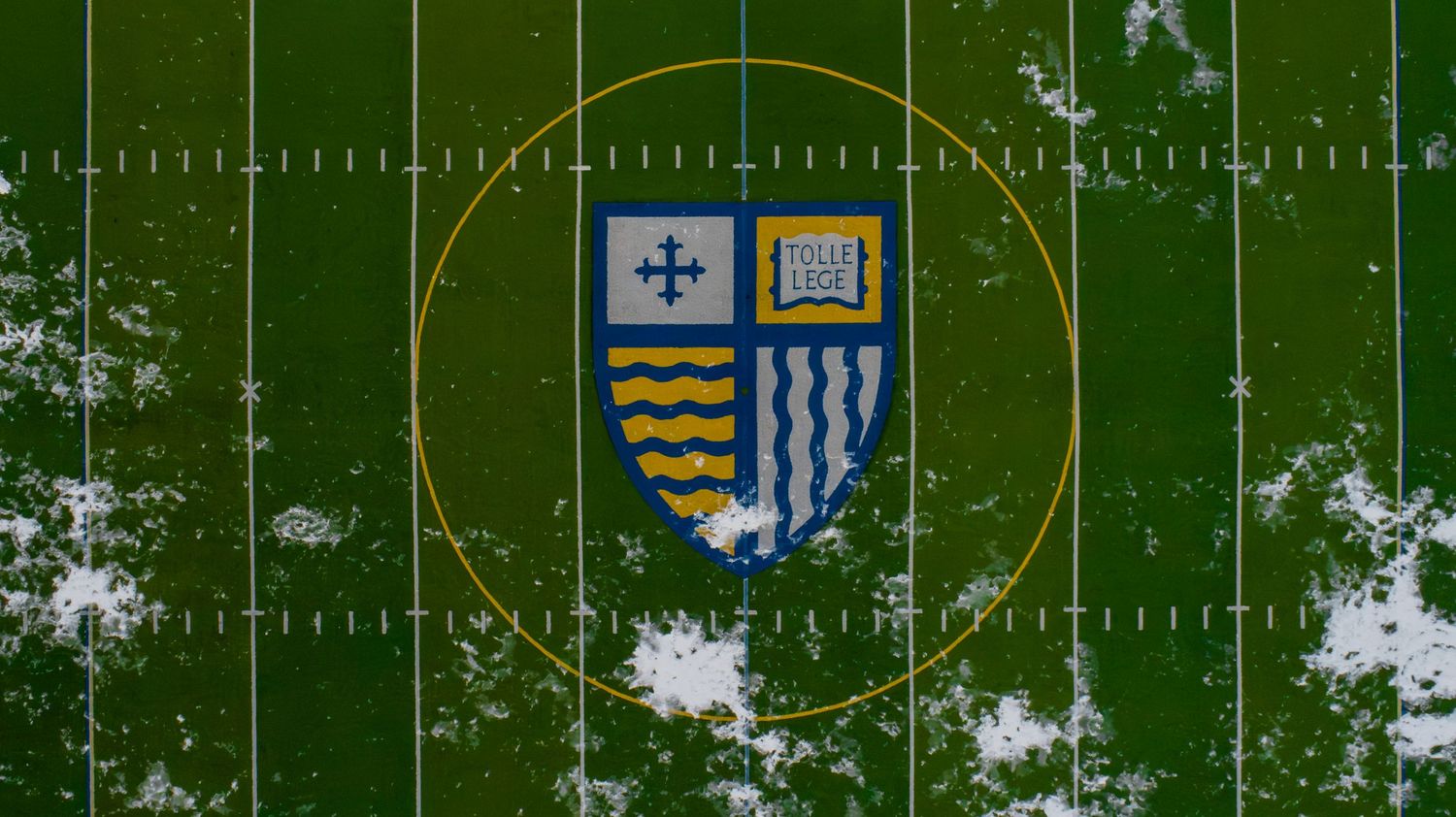 Aerial view of school crest logo painted on green athletic field.