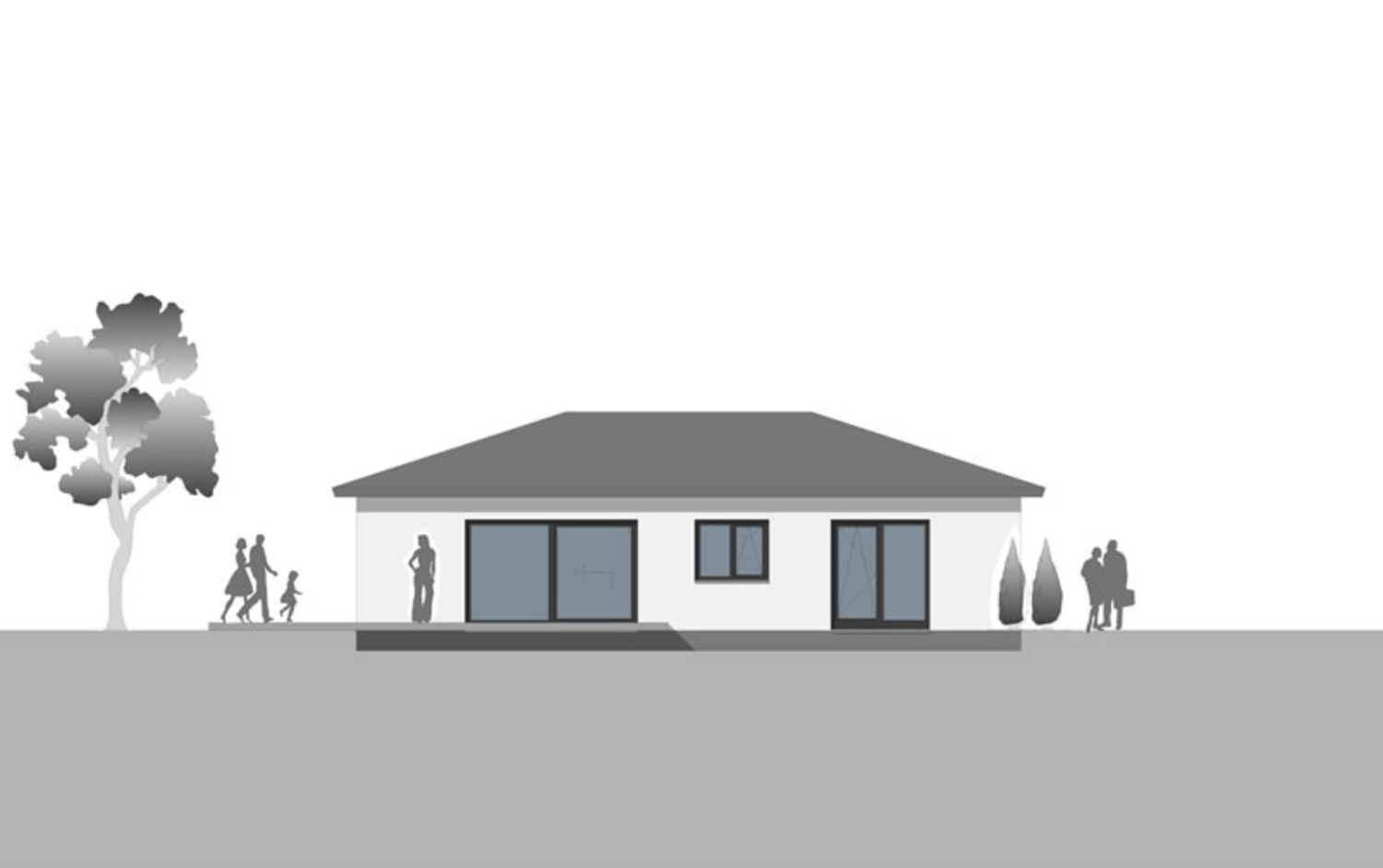 Architectural elevation diagram showing a building silhouette with trees and figures against a gray background.