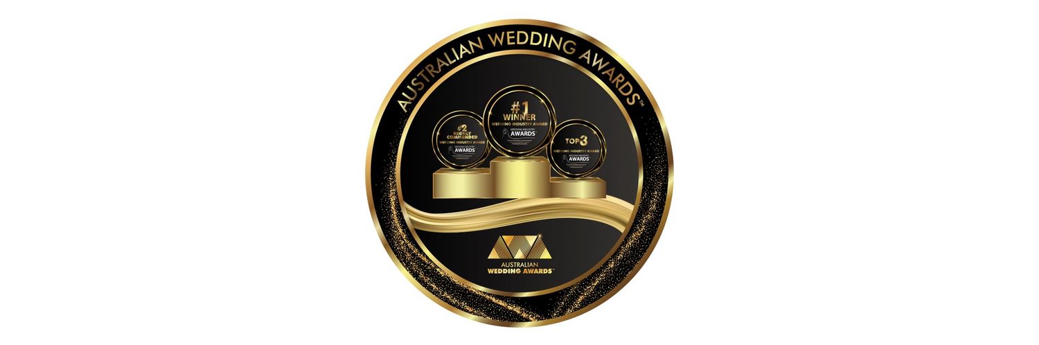 Australian Wedding Awards badge with gold and black medallion design on white background.