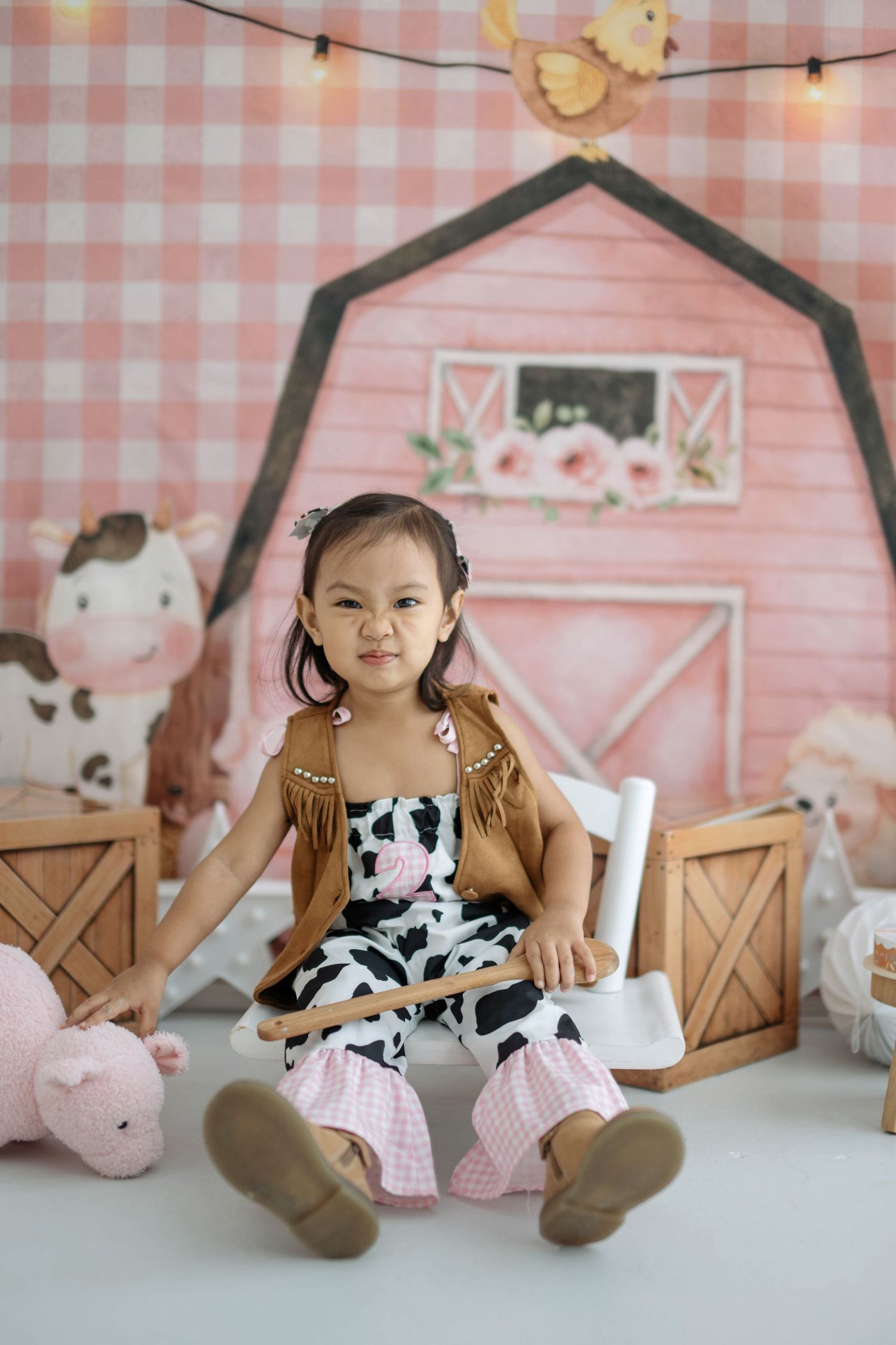 Adorable farm-themed photo session with pink gingham backdrop, barn doors, and plush animal decorations.