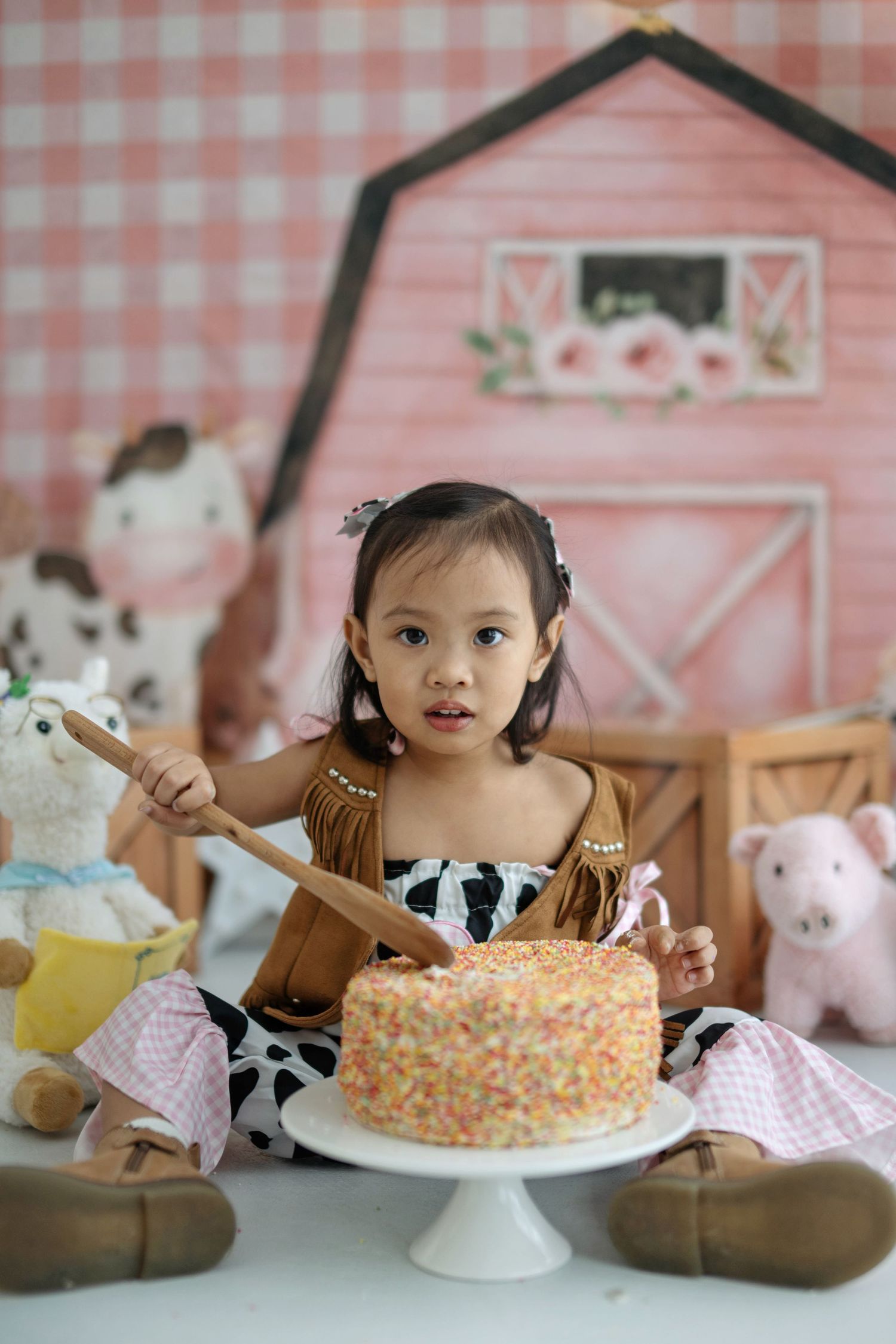 A birthday celebration scene with a sprinkle-covered cake on a white pedestal against a pink barn-themed backdrop.