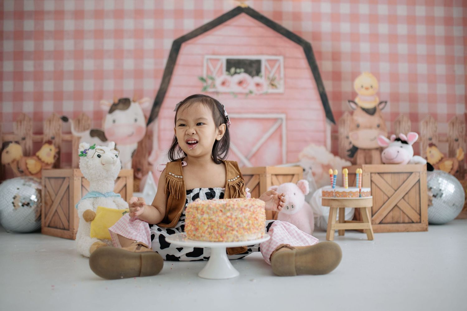 Decorative pink gingham backdrop with farmhouse style baskets and cake stands arranged in a rustic display.