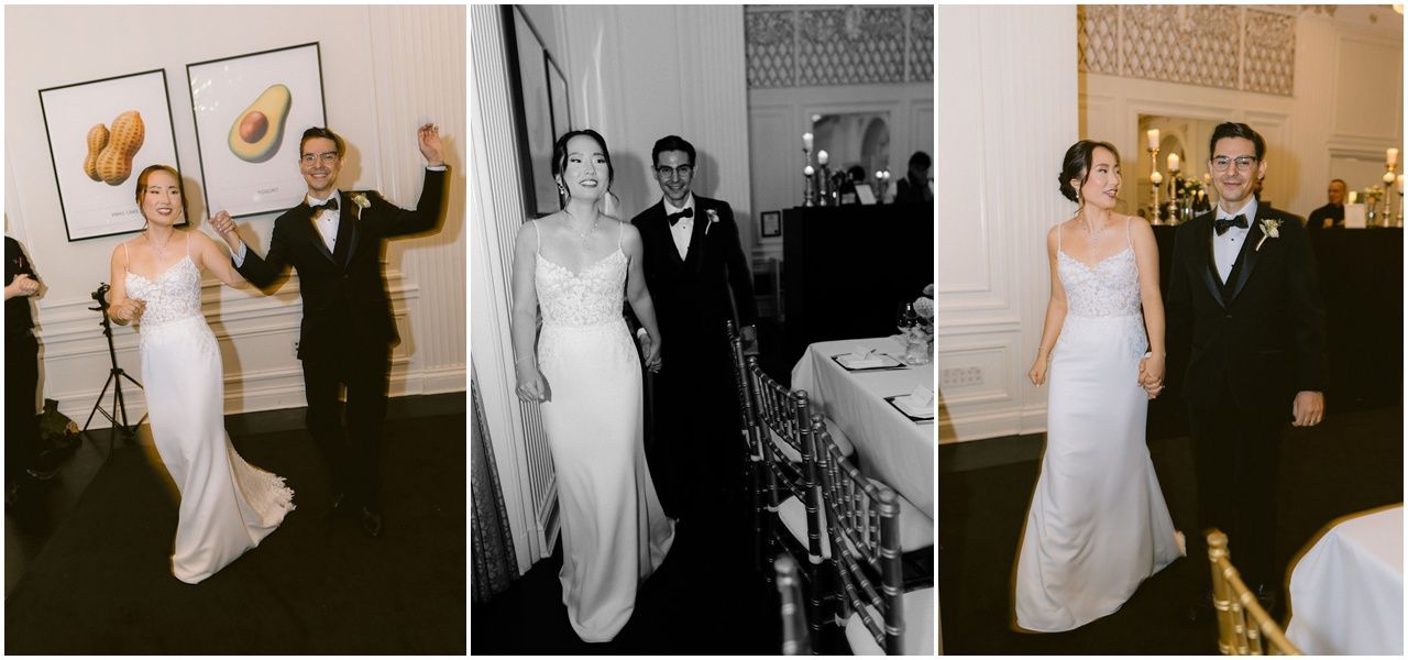 A series of black and white and color wedding photographs showing couples dancing and celebrating at a reception.