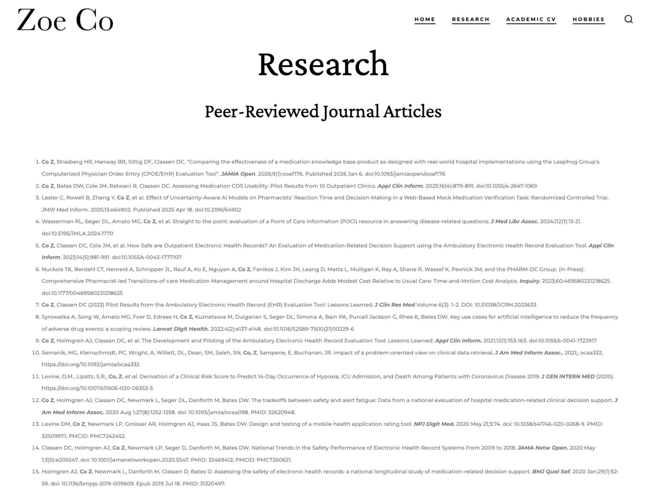 A clean minimalist website header showing 'Research' and 'Peer Reviewed Journal Articles' sections against a white background.