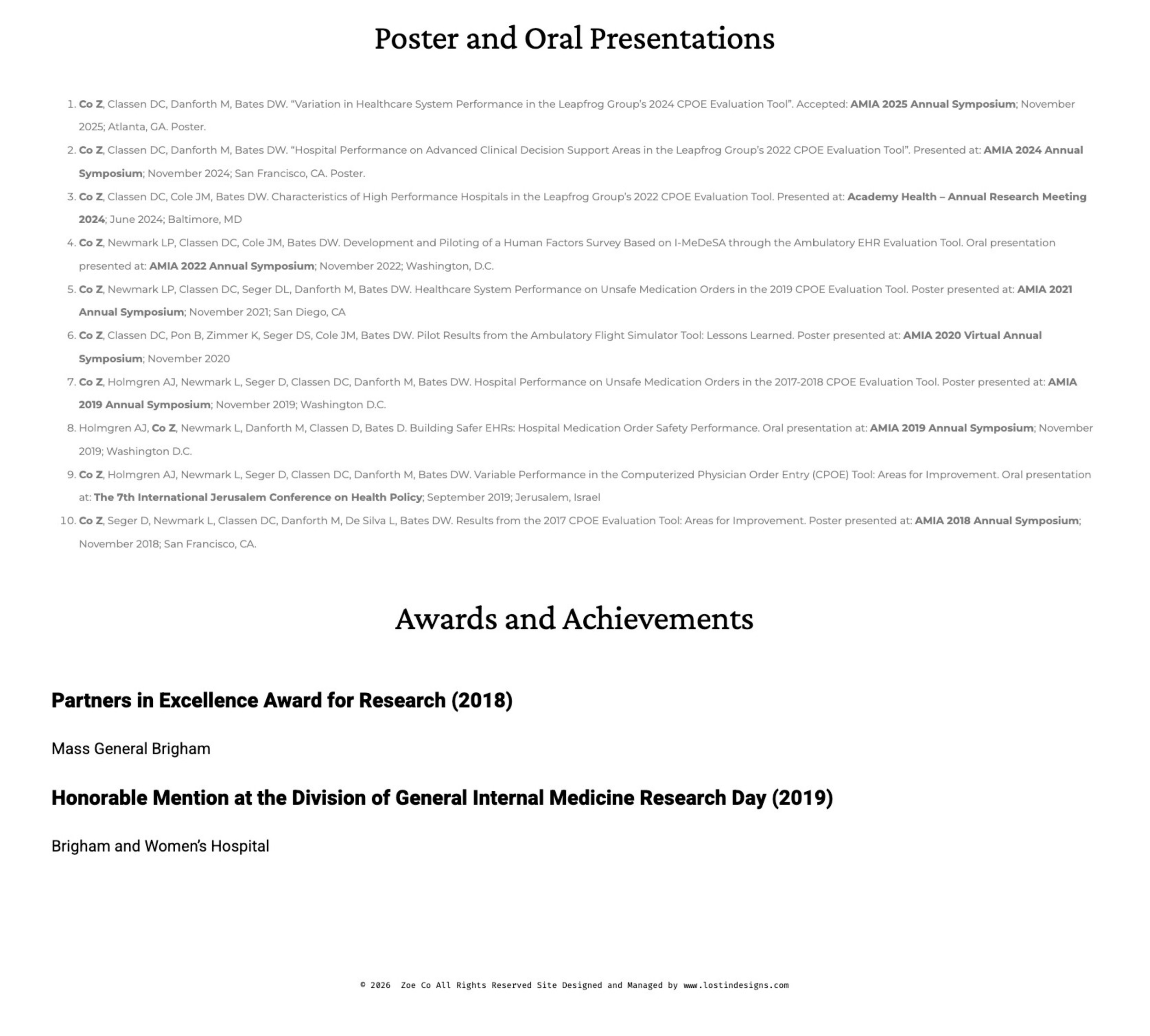 Academic presentation poster section showing headers for 'Poster and Oral Presentations' and 'Awards and Achievements'.