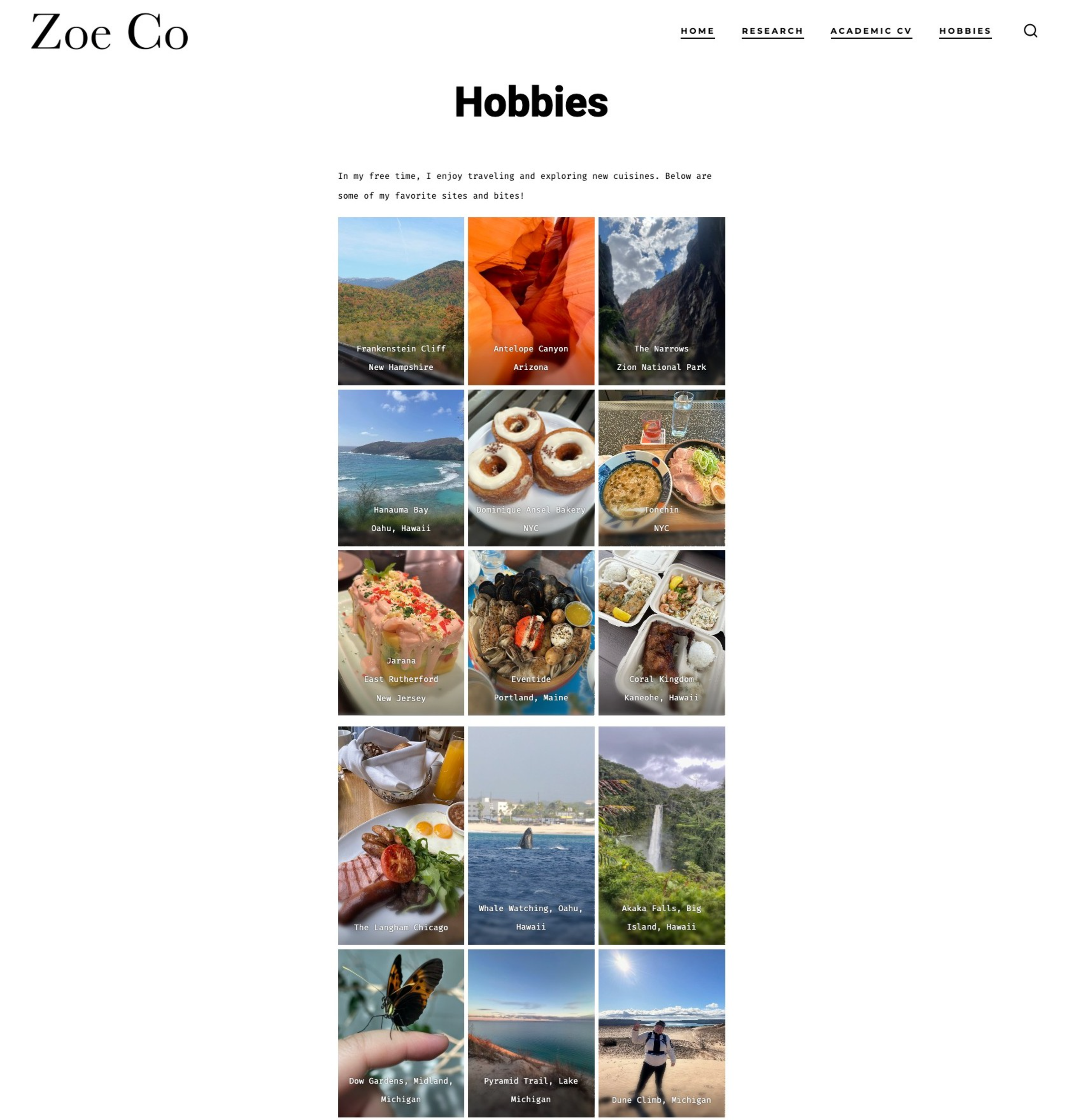 Grid of travel and lifestyle photos showing scenic landscapes, food, coffee, and outdoor adventures.