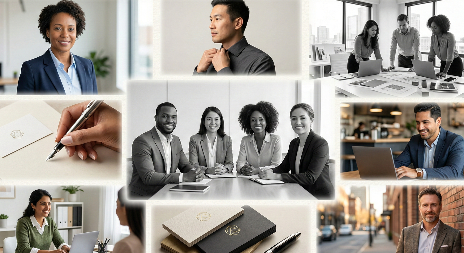 A collage of business professionals in office settings showing meetings, writing, and collaborative work environments.