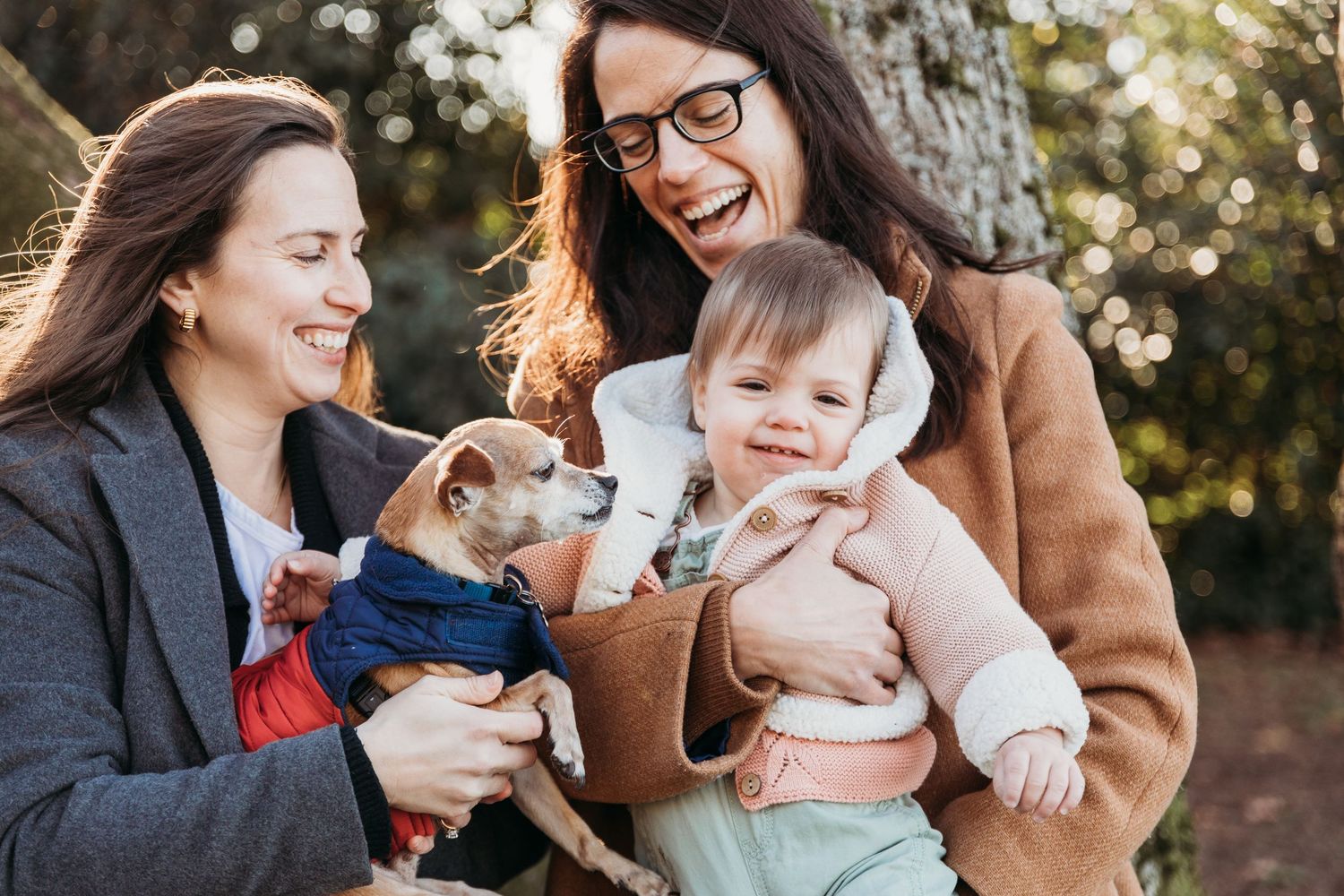 A series of candid family portraits taken outdoors in warm sunlight showing joyful moments and laughter.