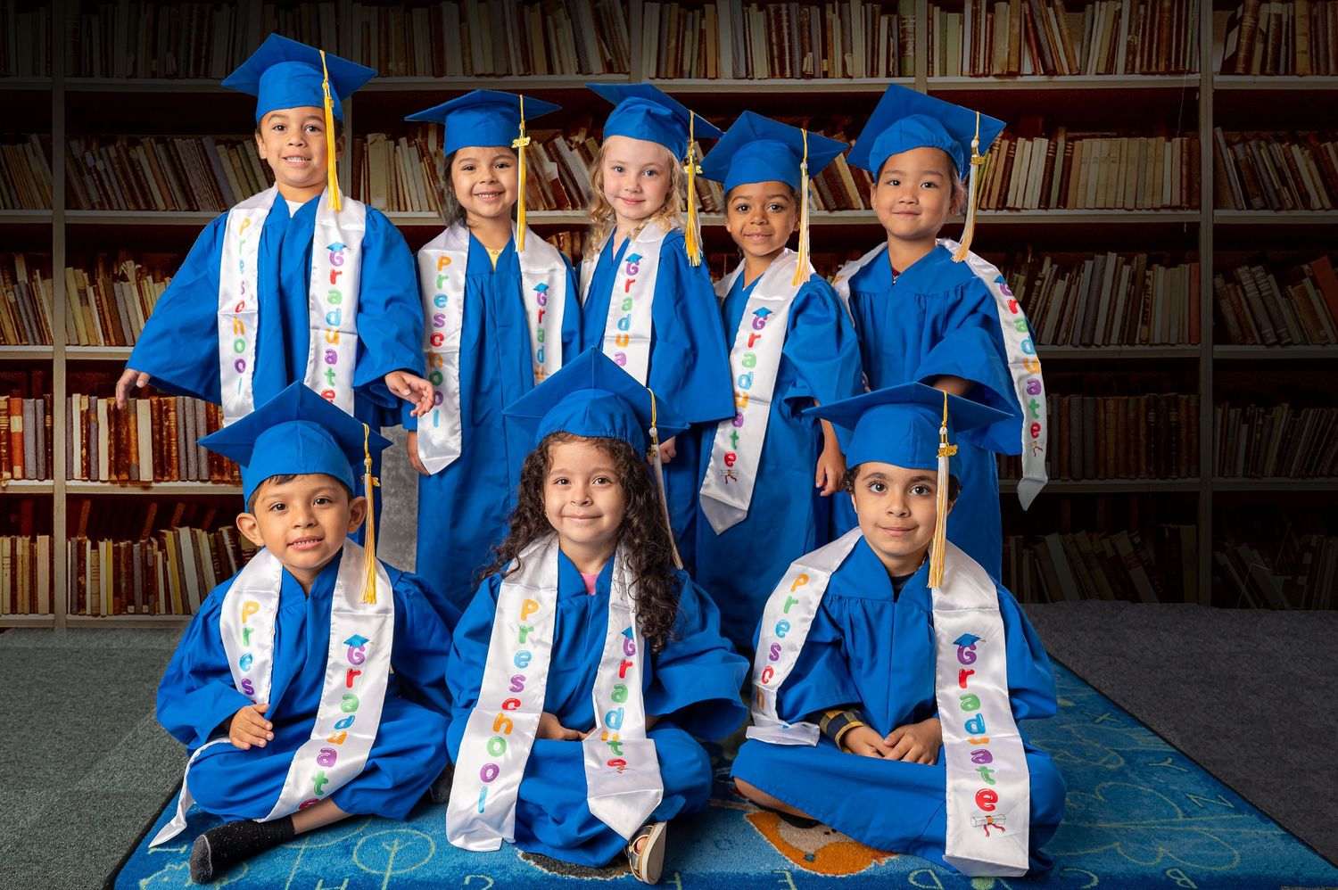 A creative graduation photo sequence showing graduates walking and posing under an arched walkway.