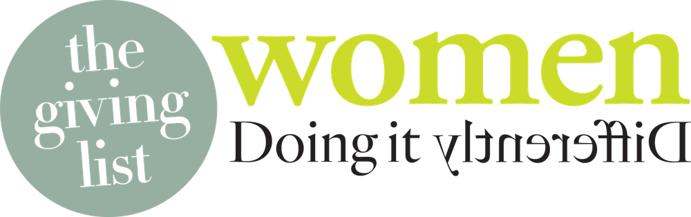 The Giving List Women Doing it Differently logo featuring olive green text and a sage green circle.