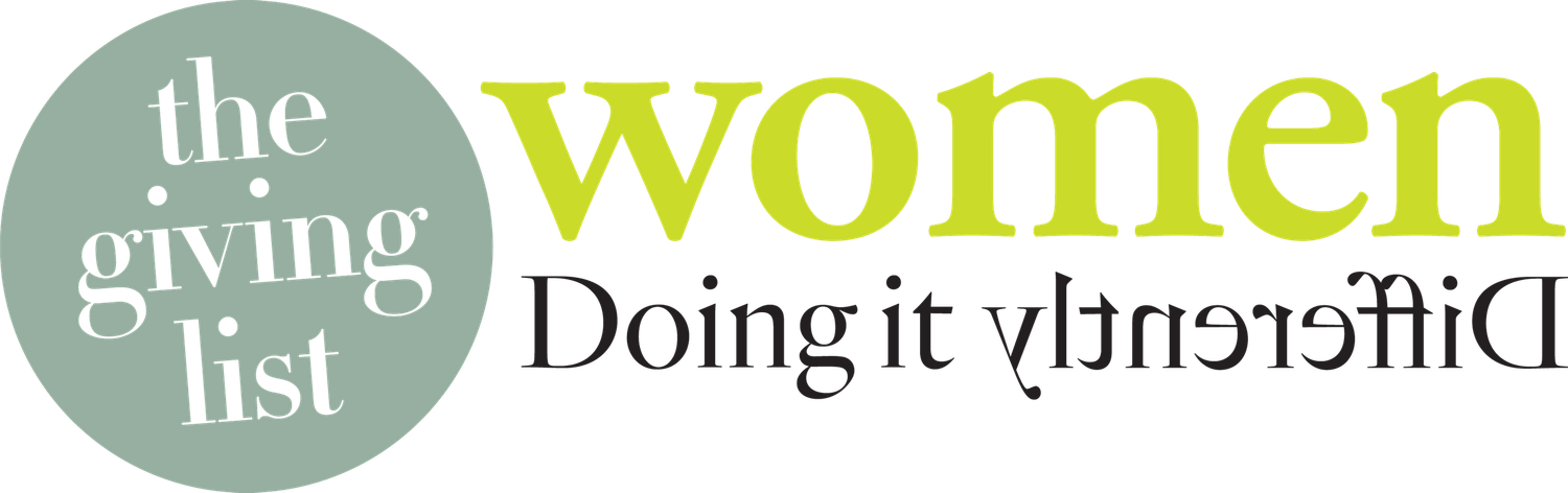 The Giving List Women Doing it Differently logo featuring olive green text and a sage green circle.