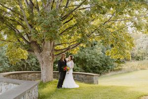 A couple shares a romantic moment under large trees along a stone wall on a sunny autumn day.