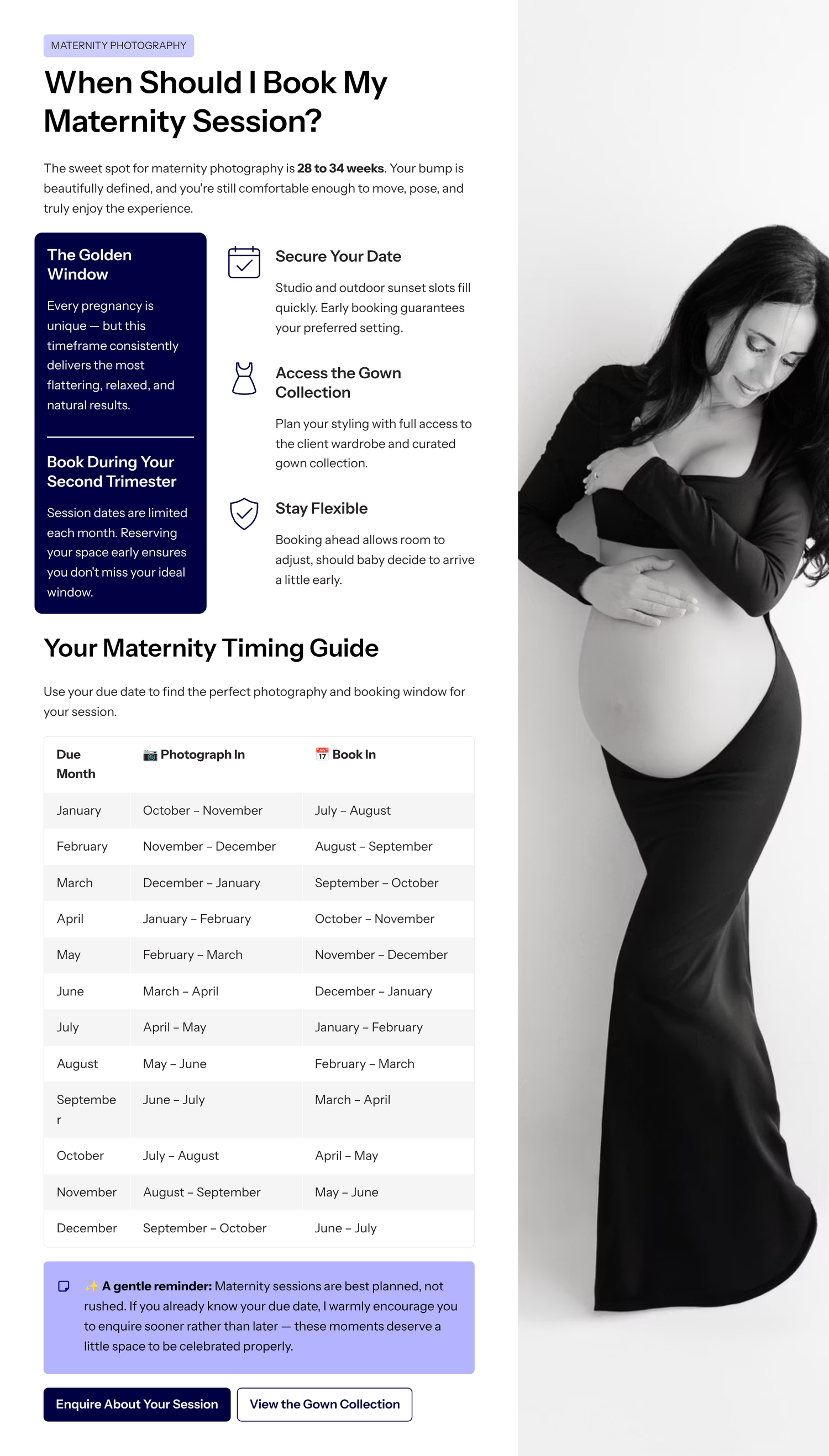 A maternity photography timing guide showing a calendar and a black and white photo of a pregnant woman in a flowing dress.