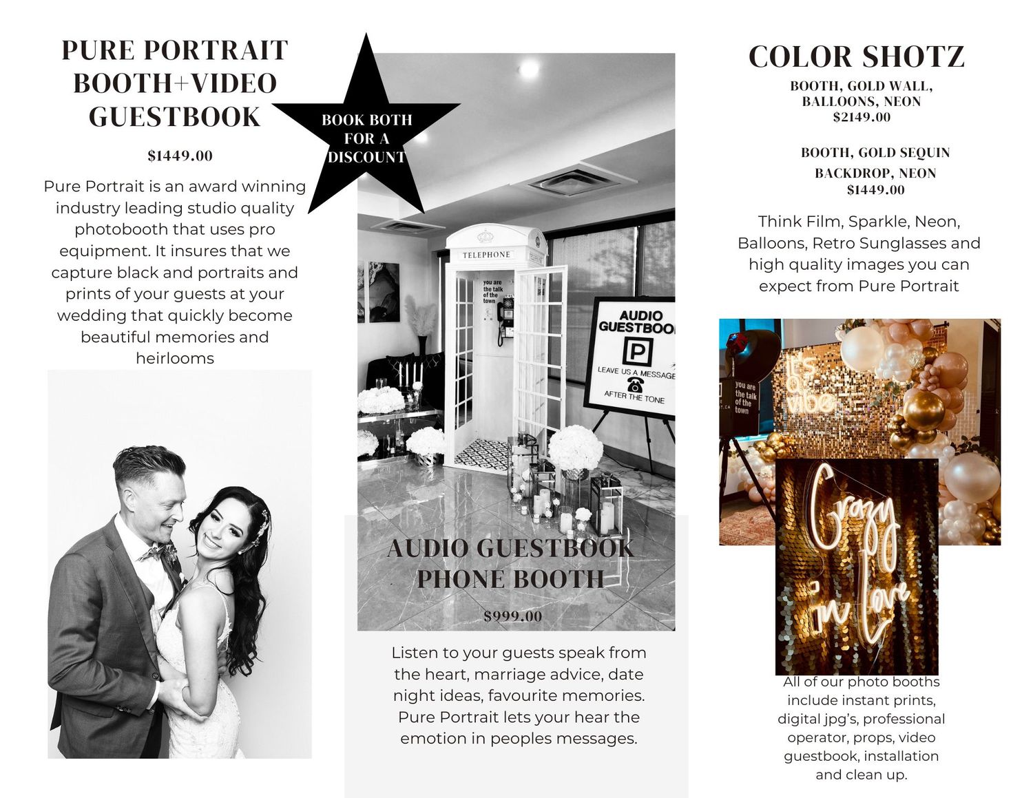 A black and white collage of wedding photography services showing photo booth, portraits and guest book layouts.