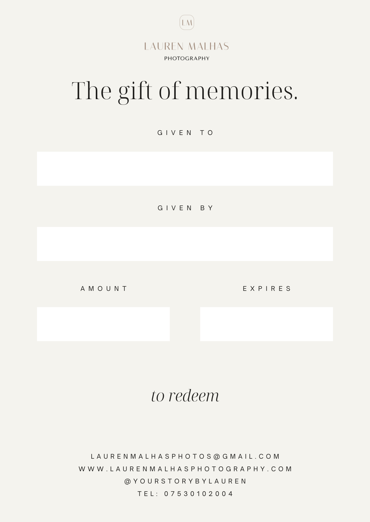 Clean and minimalist photography gift card design with 'The gift of memories' text and contact details on white background.