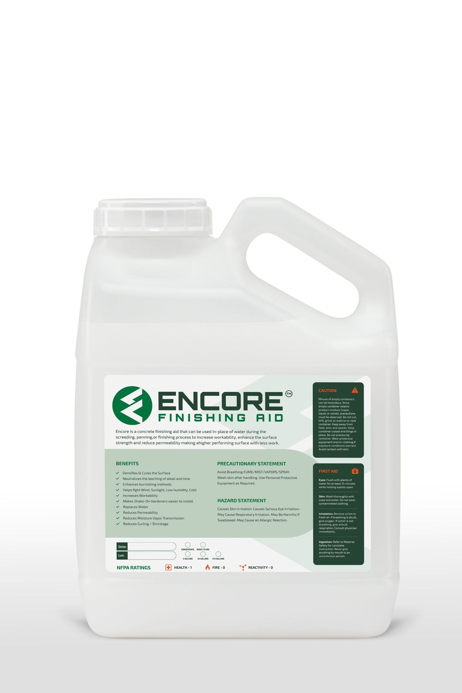 A white plastic container of Encore Finishing Bio cleaning product with green label and company logo.