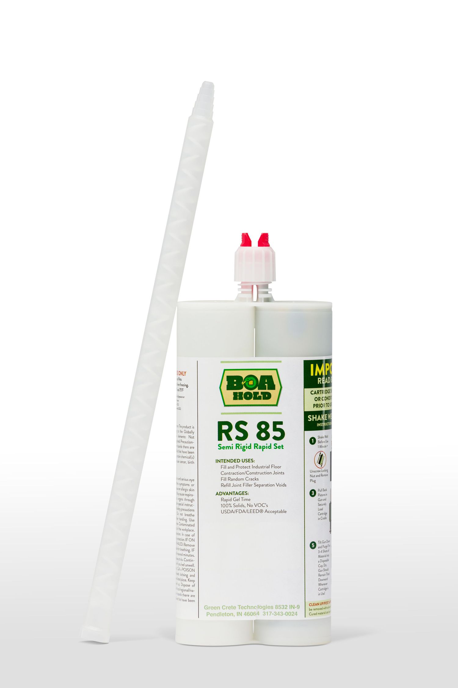 A white container of RS 85 industrial adhesive with a mixing nozzle and applicator against a white background.