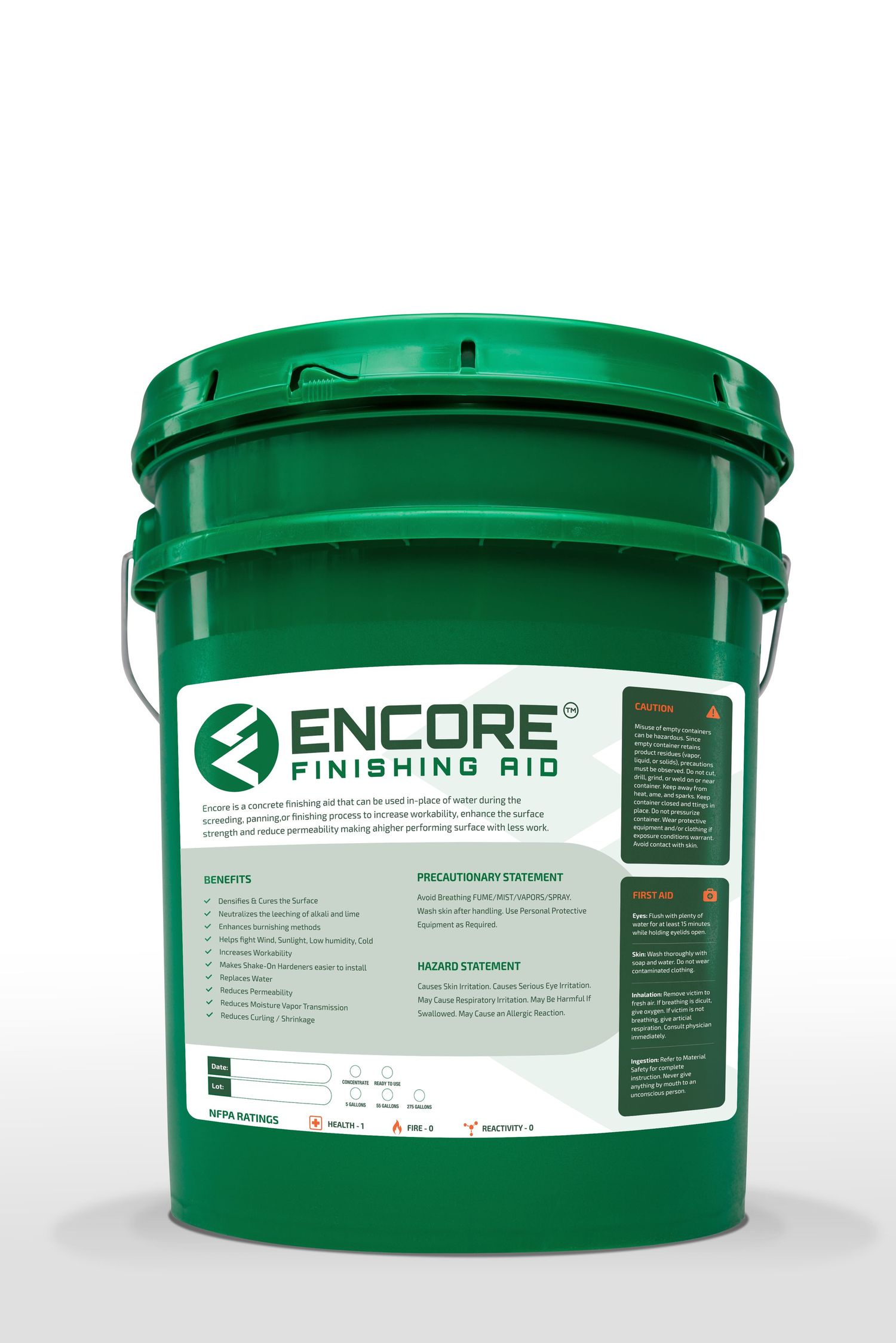 Green Encore industrial product container buckets with white labels shown from multiple angles on white background.