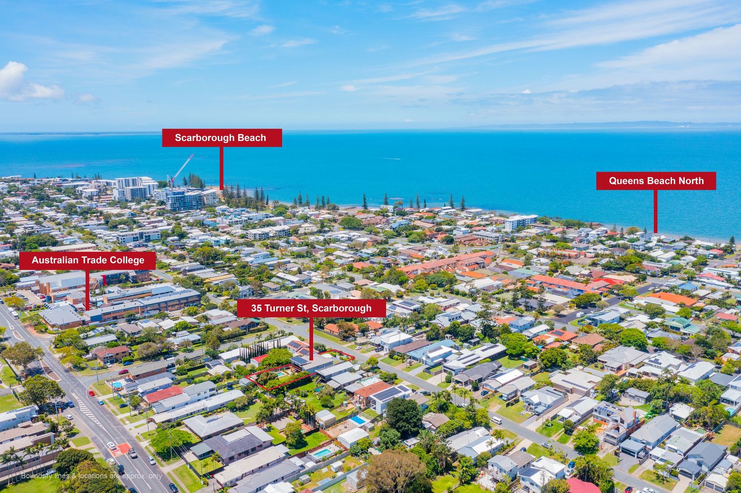 Aerial view of Scarborough suburb showing proximity to Scarborough Beach and Queens Beach North coastline.
