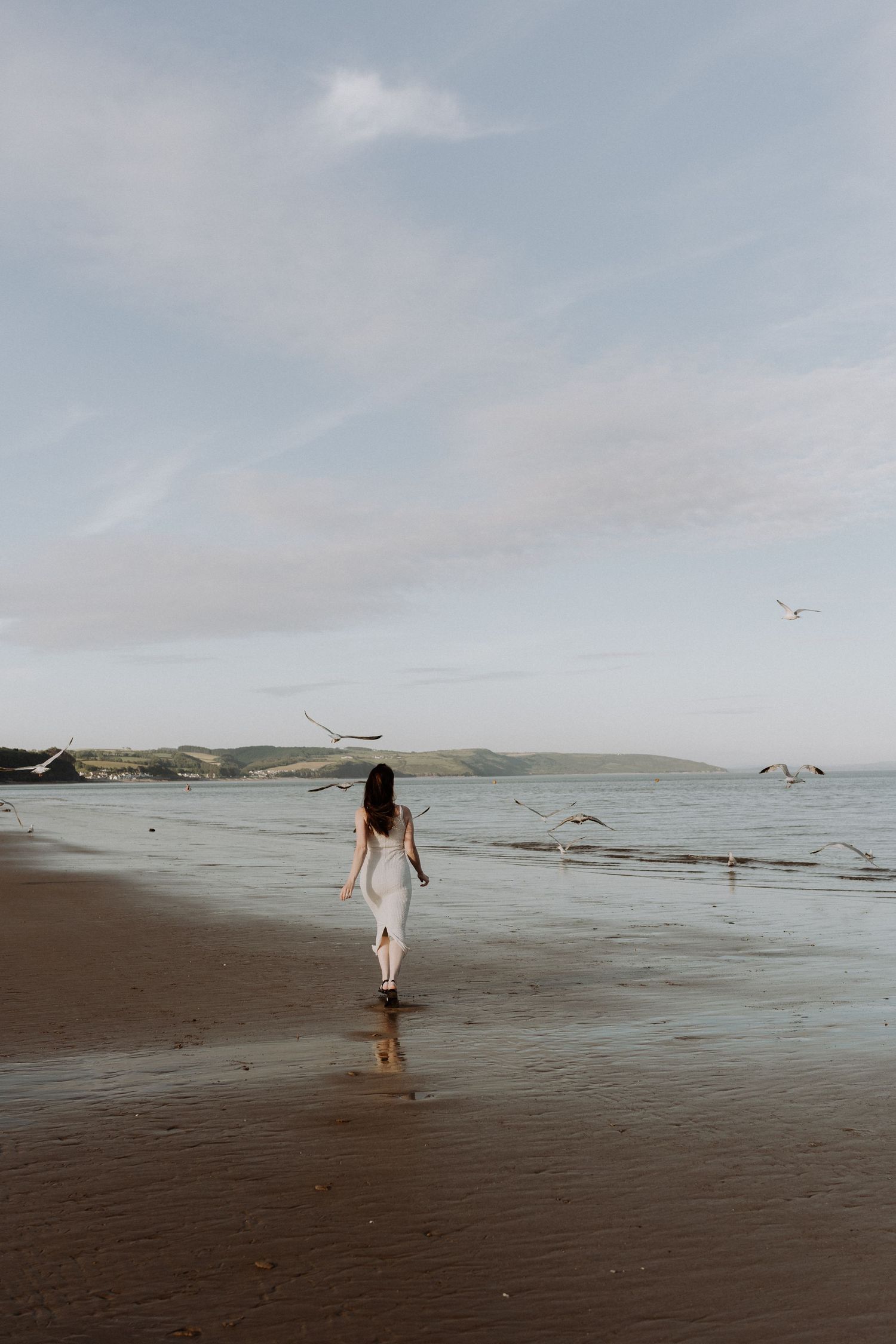 A lone figure in white walks along a misty beach shore with seabirds flying overhead.