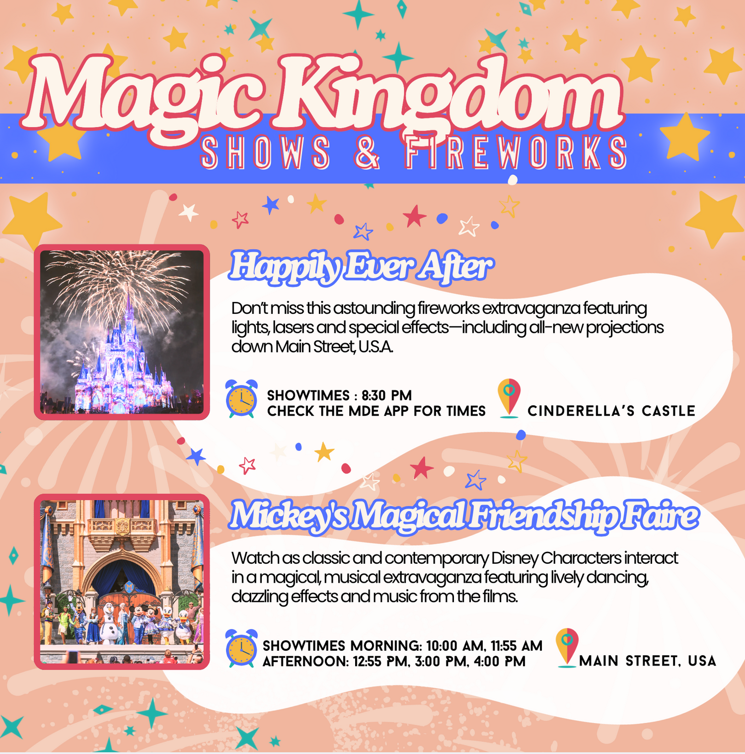 Disney Magic Kingdom park schedule showing fireworks and stage shows with decorative stars on pink background.