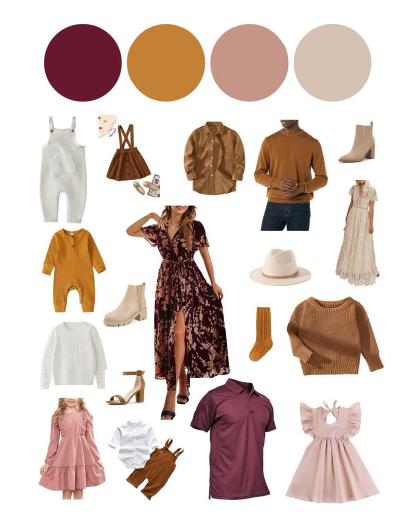 Fashion mood board featuring earth tone clothing and accessories with burgundy, camel, and blush pink color palette.